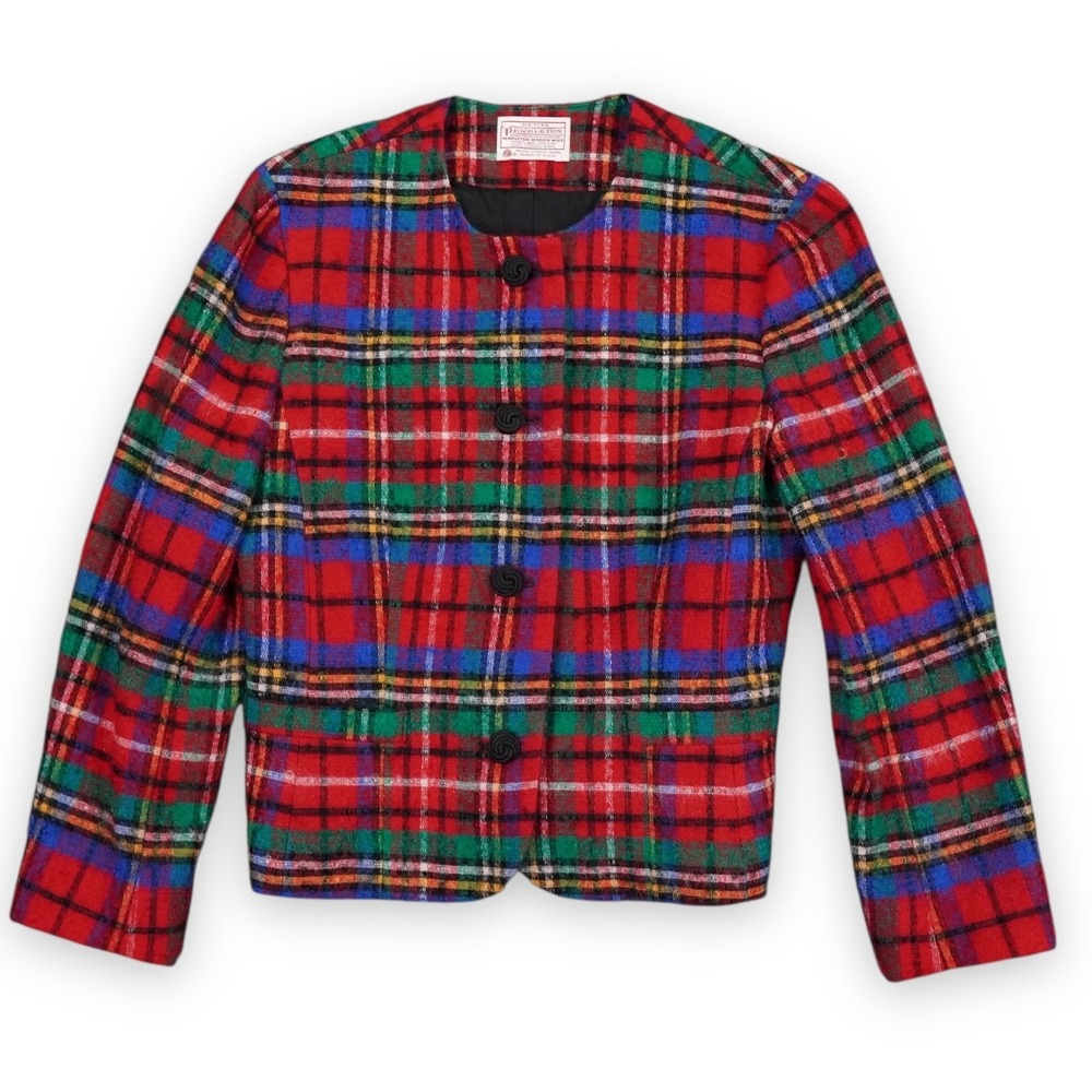 VTG Pendleton Jacket Womens 8P Red Royal Stewart Plaid Wool Cropped Blazer